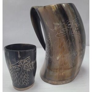 Game of‎ Thrones Stark Drinking Horn Mug w/ Shot Glass Wolf Carved Tankard Set